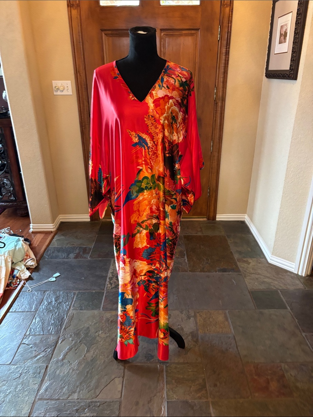 Natori Red Floral Silk Swim Coverup Caftan